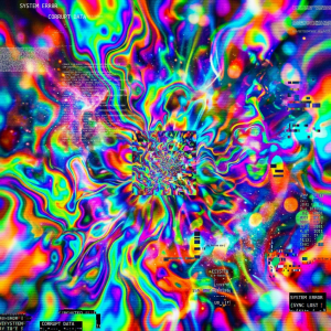 Abstract swirl of neon colors with star-like specks and glowing shapes